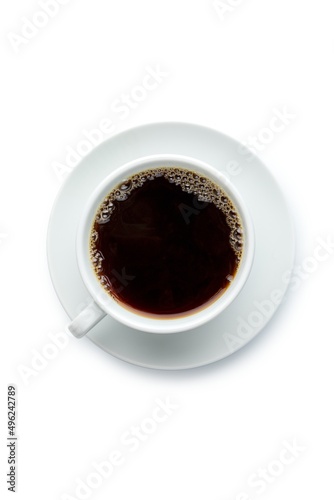 Porcelain filter coffee cup with saucer on white background. Top view.
