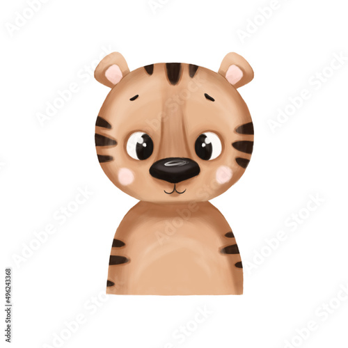 Cute baby animal portrait - tigre. Digital illustration. Animal isolated on white background background.
