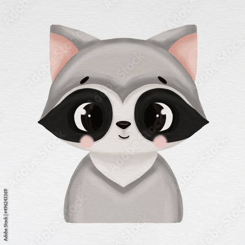 Cute baby animal portrait - raccoon. Digital illustration. Animal isolated on watercolor paper background.