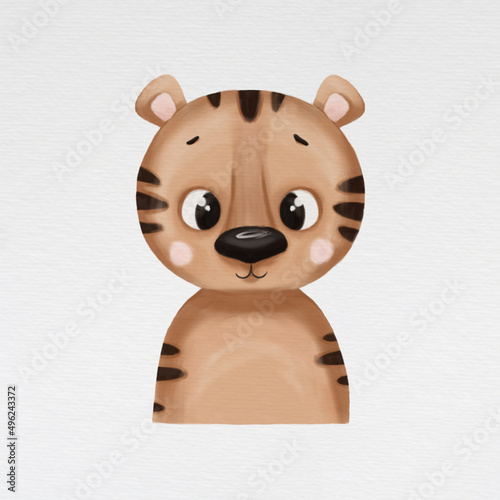 Cute baby animal portrait - tigre. Digital illustration. Animal isolated on watercolor paper background.