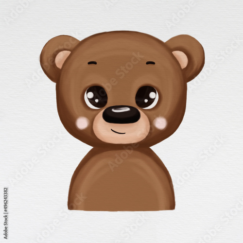 Cute baby animal portrait - bear. Digital illustration. Animal isolated on watercolor paper background.