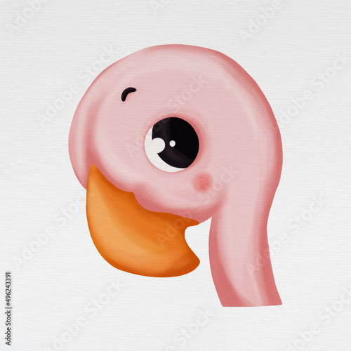 Cute baby animal portrait - flamingo. Digital illustration. Animal isolated on watercolor paper background.