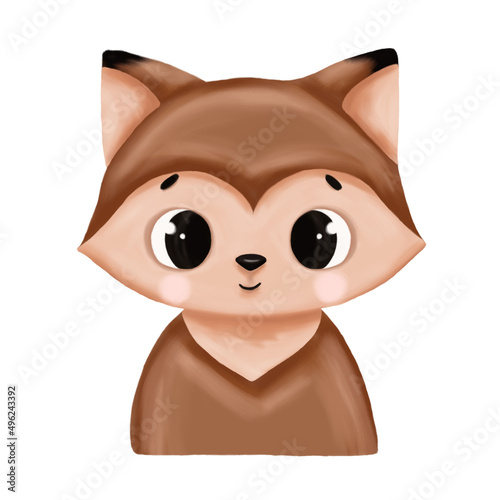 Cute baby animal portrait - fox. Digital illustration. Animal isolated on white background.
