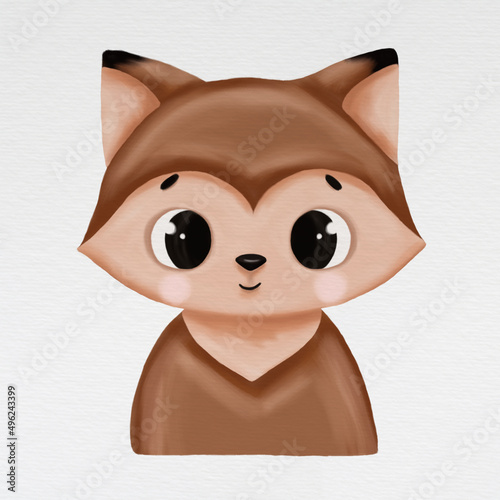 Cute baby animal portrait - fox. Digital illustration. Animal isolated on watercolor paper background.
