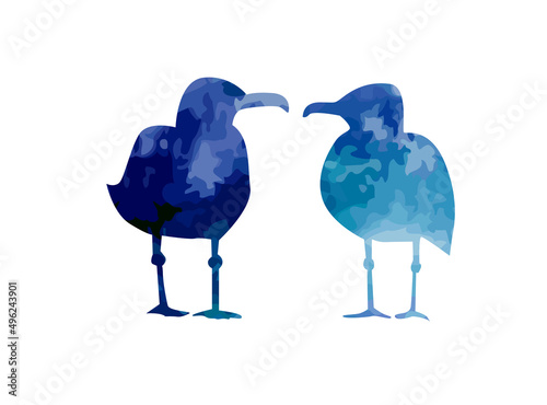 Vector silhouettes of two seagulls standing on pier. Isolated objects against white background.