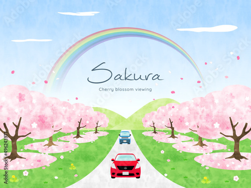 桜並木を車でドライブするイラスト