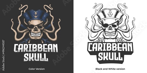 Pirate Skull and crossed sabers badge, logo.