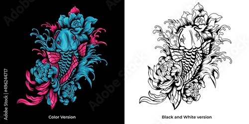 koi fish with chrysanthemum flower illustration