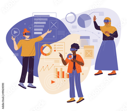 Metaverse Digital virtual reality. Multicultural womens team working with business data in virtual reality using VR headset and futuristic glasses. Break The Science Bias. Flat vector illustration.