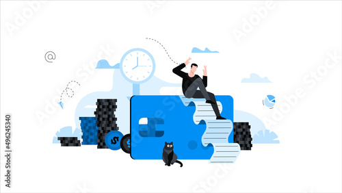 Man sitting on credit card, he shocked by bills to pay. Animation ready duik friendly vector. Conceptual business story. Financial crisis, economic recession, bankruptcy, depression.