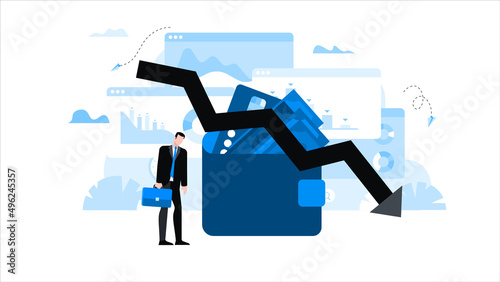 Sad man standing near wallet money and credit card. Falling arrow chart. Animation ready duik friendly vector. Conceptual business story. Financial crisis, economic recession, bankruptcy, depression.