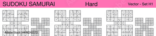 A set of 3 hard scalable sudoku samurai puzzles suitable for kids, adults and seniors and ready for web use, or to be compiled into a standard or large print activity book.