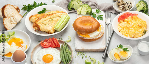 Various ways of cooking chicken eggs on light background.