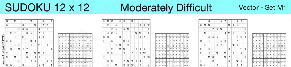 A set of 3 moderately difficult scalable sudoku 12x12 puzzles suitable for kids, adults and seniors and ready for web use, or to be compiled into a standard or large print activity book. A set of 3 moderately difficult scalable sudoku 12x12 puzzles suitable for kids, adults and seniors and ready for web use, or to be compiled into a standard or large print activity book.