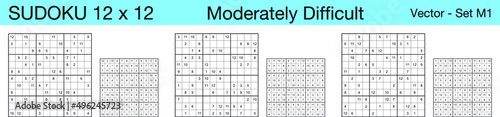 A set of 3 moderately difficult scalable sudoku 12x12 puzzles suitable for kids, adults and seniors and ready for web use, or to be compiled into a standard or large print activity book.