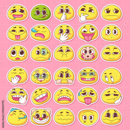 Line Art chunky Hippie Retro hippie stickers, psychedelic groovy set bundle elements. Cute vintage icons Sticker Label in 70s, 80s, 90s style. Flat illustration, emoticon emoji design templates.