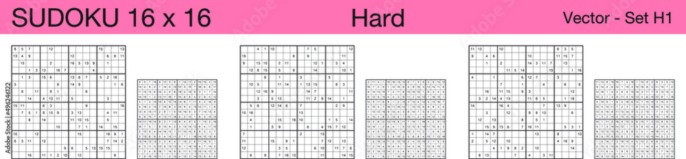 A set of 3 hard scalable sudoku 16x16 puzzles suitable for kids, adults and seniors and ready for web use, or to be compiled into a standard or large print activity book. A set of 3 hard scalable sudoku 16x16 puzzles suitable for kids, adults and seniors and ready for web use, or to be compiled into a standard or large print activity book.