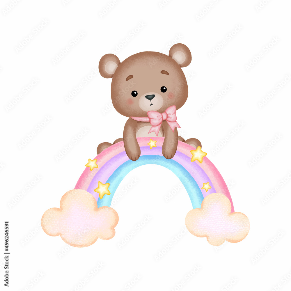 Fototapeta premium Cute teddy bear sitting on the rainbow nursery baby. Watercolor style vector