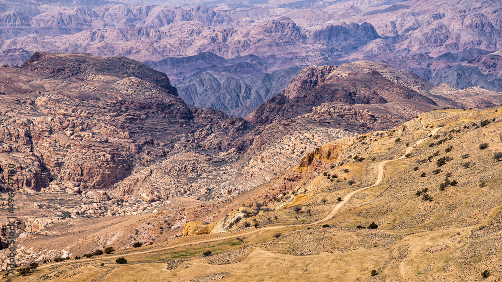 Desert landscape of the mountains of Edom, Shoubak, Jordan.