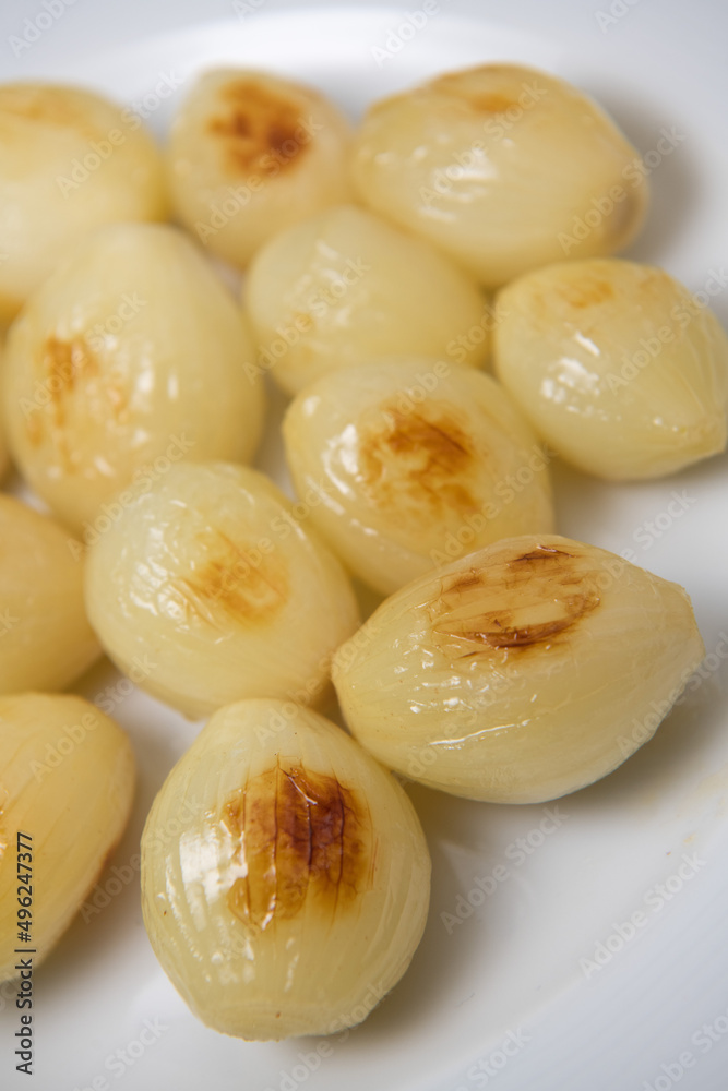 Preparing fresh white onions cooked on plate, High quality photo