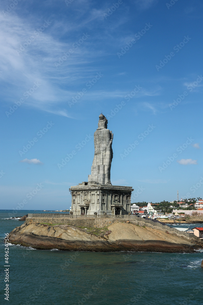 Vivekananda rock memorial AND Thiruvalluvar statue near sea at Kanyakumari Tamilnadu South India Vivekananda rock memorial AND Thiruvalluvar statue near sea at Kanyakumari Tamilnadu South India