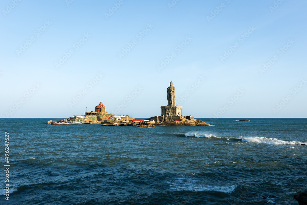 Vivekananda rock memorial AND Thiruvalluvar statue near sea at Kanyakumari Tamilnadu South India