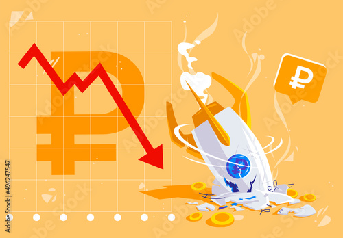 vector illustration of a crashed rocket, the concept of a fall in the value of the ruble with a red down arrow on the graph