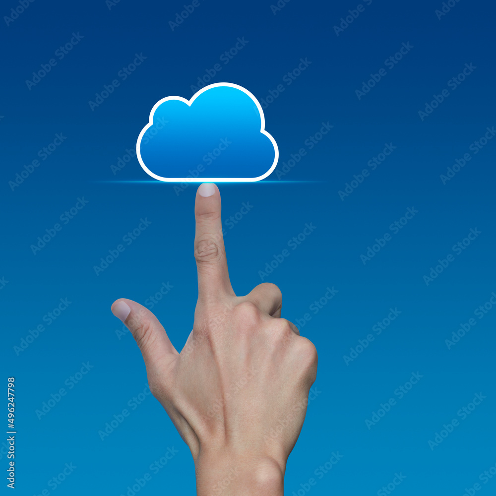 Hand click on cloud computing icon with copy space over light blue gradient background, Technology cloud computing concept Hand click on cloud computing icon with copy space over light blue gradient background, Technology cloud computing concept