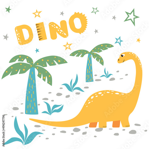 Vector illustration with yellow dinosaur  stars  text  plants and trees. Baby card in flat style.