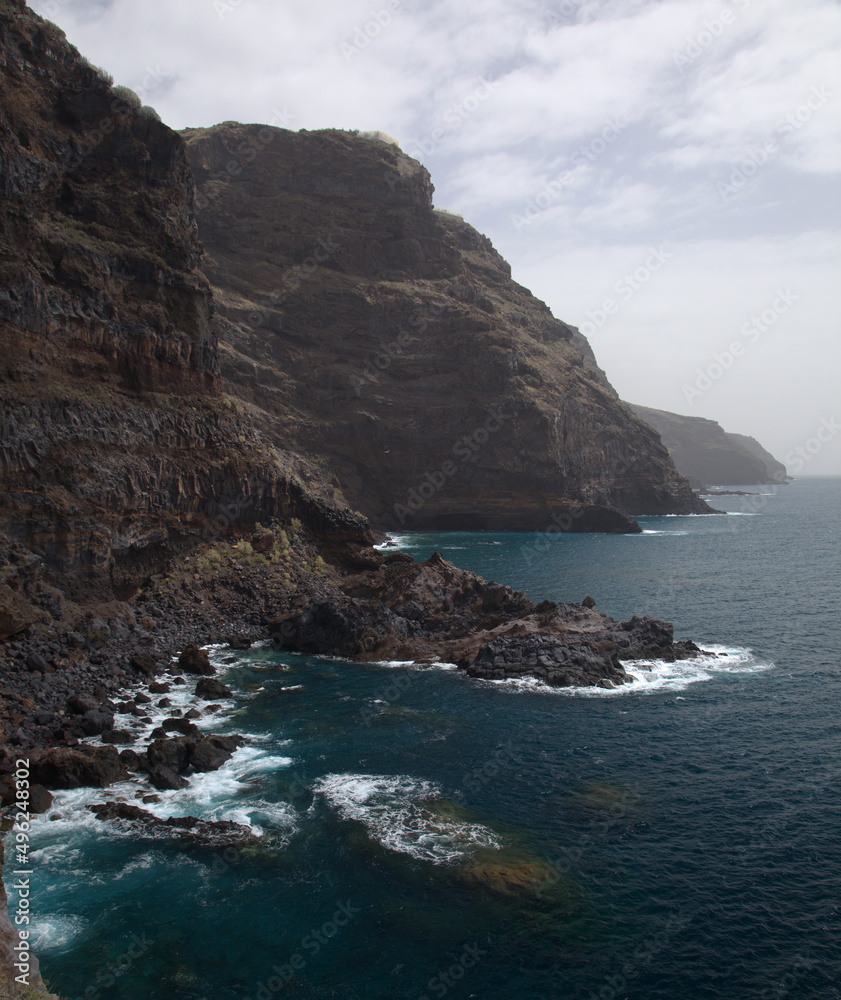 La Palma, landscape of the western steep coastal part of the island, Tijarafe municipality, 
path to amazing small hamlet Poris de Candelaria, hidden within a vast cave by the ocean
