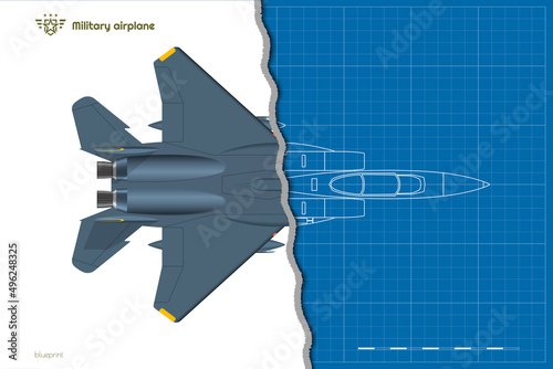 Outline military airplane. Top view of aircraft. 3d isolated warcraft. USA army plane. Jet fighter industry blueprint. War aviation drawing