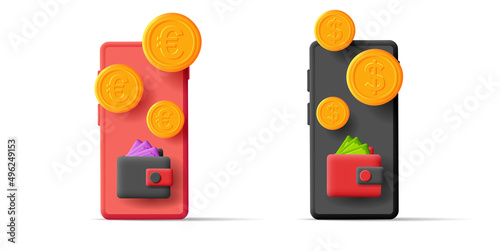 3d illustration od a smartphone with wallet and money banknotes and coins of euro and dollars