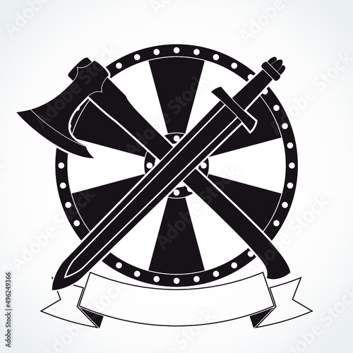 viking theme sword axe and shield heraldry logo