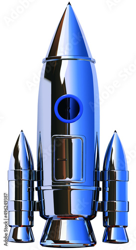 the bright metal rocket with round porthole, door and two auxiliary engines