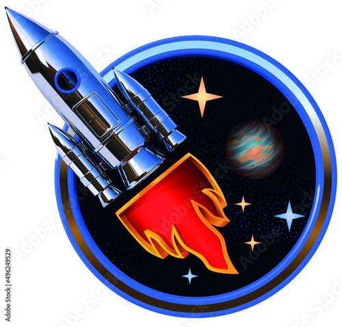 round emblem with spaceship, stars and planets