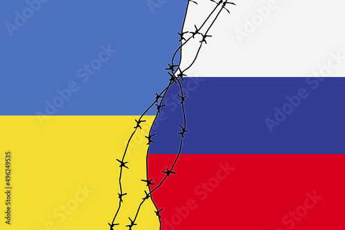 Grunge flags of Russian Federation and Ukraine divided by barb wire with soliders pointing weapon at each other illustration, concept of tense relations between west and Russia
