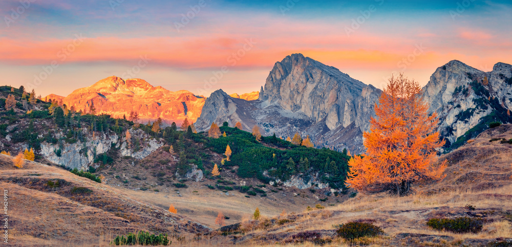 Panoramic autumn view from top of Falzarego pass with Lagazuoi Piccolo peak on background. Nice morning scene Dolomite Alps, Cortina d'Ampezzo lacattion, Italy. Beauty of nature concept background.