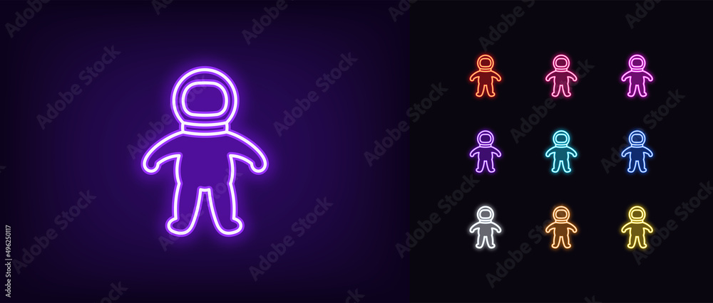 Outline neon astronaut icon. Glowing neon spaceman sign, cosmonaut pictogram Outline neon astronaut icon. Glowing neon spaceman sign, cosmonaut pictogram