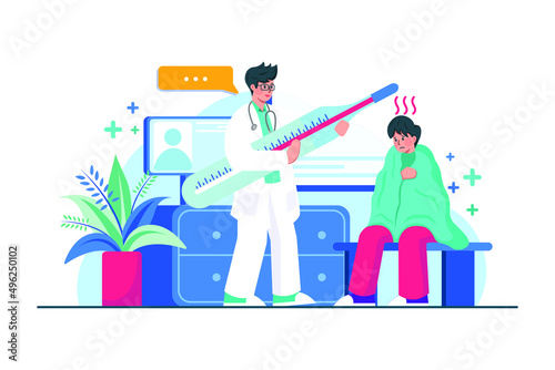 Doctor measuring temperature Illustration concept. Flat illustration isolated on white background.