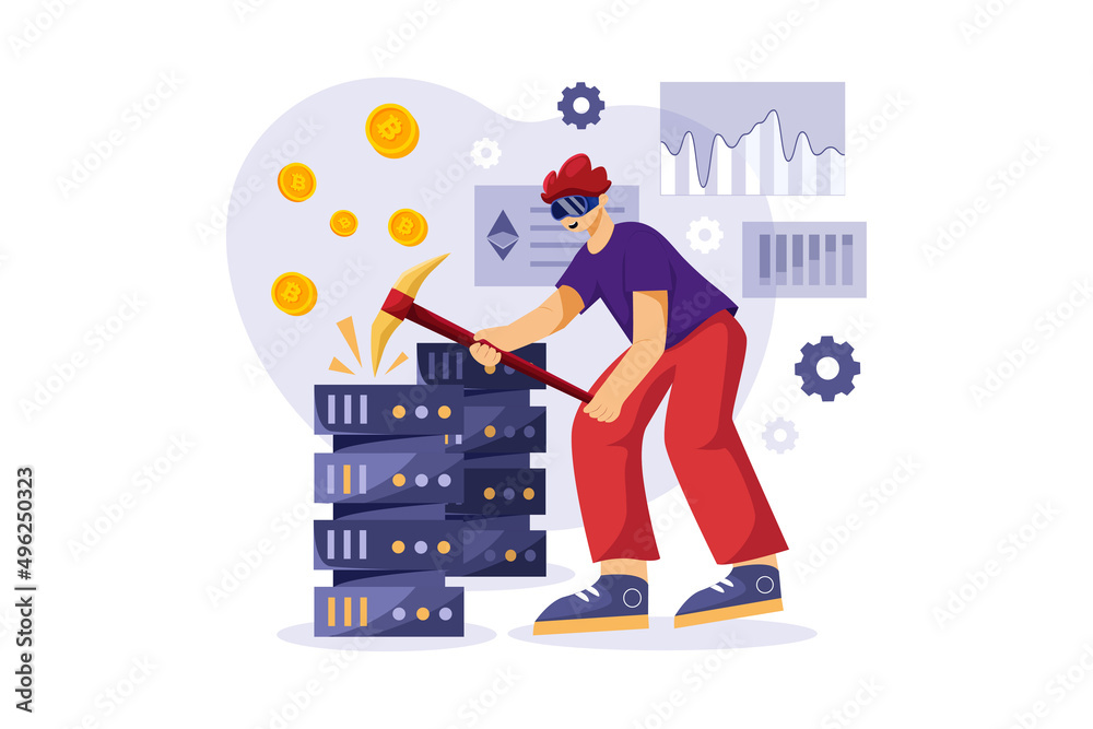 Obraz premium Bitcoin Mining Using VR Illustration concept. Flat illustration isolated on white background.