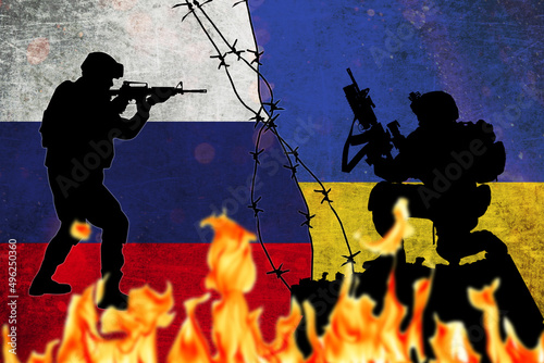 Grunge flags of Russian Federation and Ukraine divided by barb wire with soliders pointing weapon at each other illustration, concept of tense relations between west and Russia