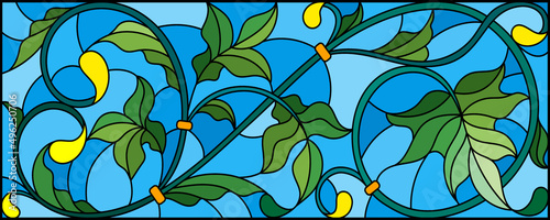Illustration in stained glass style with abstract  swirls,flowers and leaves  on a blue background,horizontal orientation
