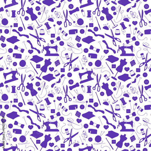 Seamless pattern on the theme of needlework and sewing ,blue silhouettes of icons on a light background 