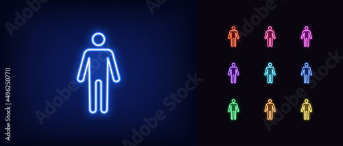Outline neon man icon. Glowing neon man silhouette, male person pictogram