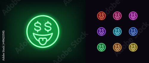 Outline neon money emoji icon. Glowing neon emoticon with dollar eyes and tongue, money love pictogram