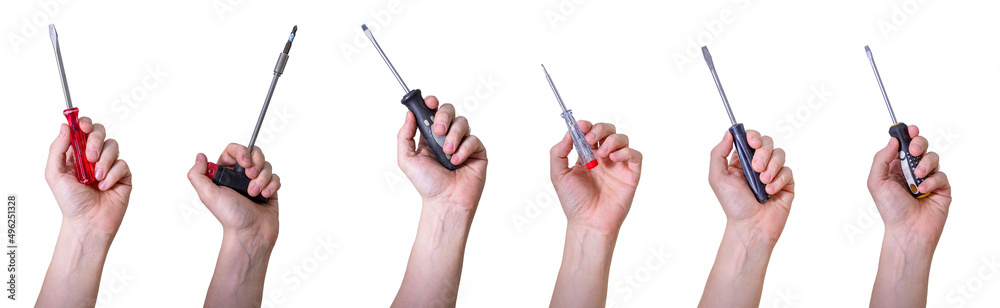 Male hand holding screwdriver isolated on white background. Collage. Male hand holding screwdriver isolated on white background. Collage.