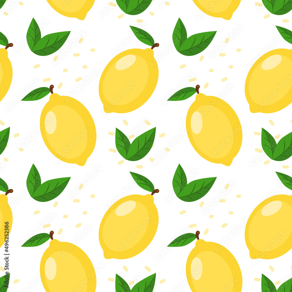 Cute yellow lemon with leaves and decorative elements. Seamless pattern. Can be used for wallpaper, fill web page background, surface textures Cute yellow lemon with leaves and decorative elements. Seamless pattern. Can be used for wallpaper, fill web page background, surface textures