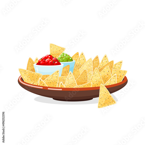 Nachos icon. Illustration of traditional Mexican nachos chips with chili pepper salsa and guacamole dip isolated on a white background. Vector 10 EPS.
