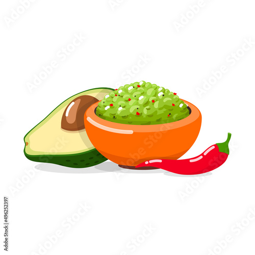 Guacamole icon. Illustration of traditional Mexican dip guacamole, avocado and pepper isolated on a white background. Vector 10 EPS.