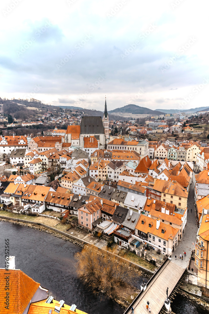 Aerial panoramic view of Cesky Krumlov,Czech Republic.Famous Czech medieval town with Renaissance and Baroque houses,churches,bridge over Vltava river.UNESCO heritage site.Urban monument reservation.